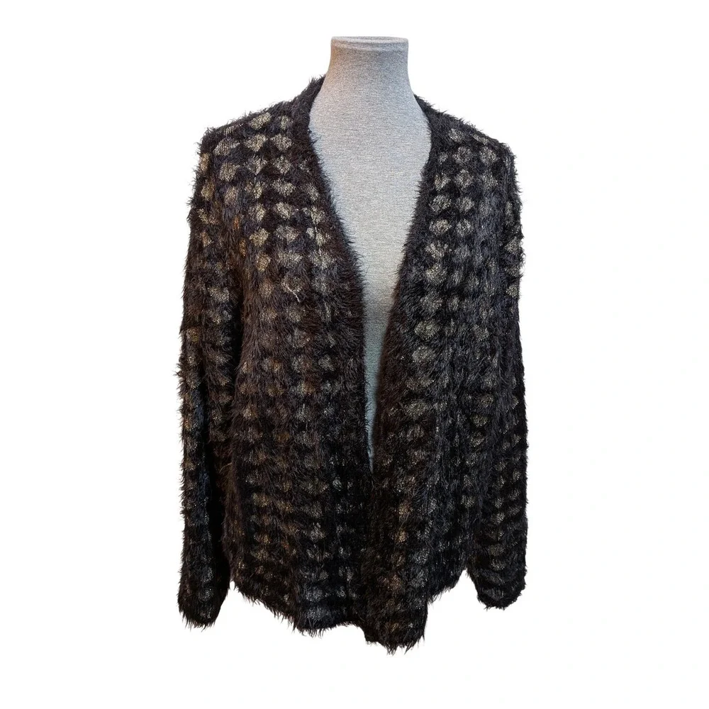 Black Gold‎ Holiday Party Office Cozy Polka Dot Fuzzy Knit Cardigan XL Sweater